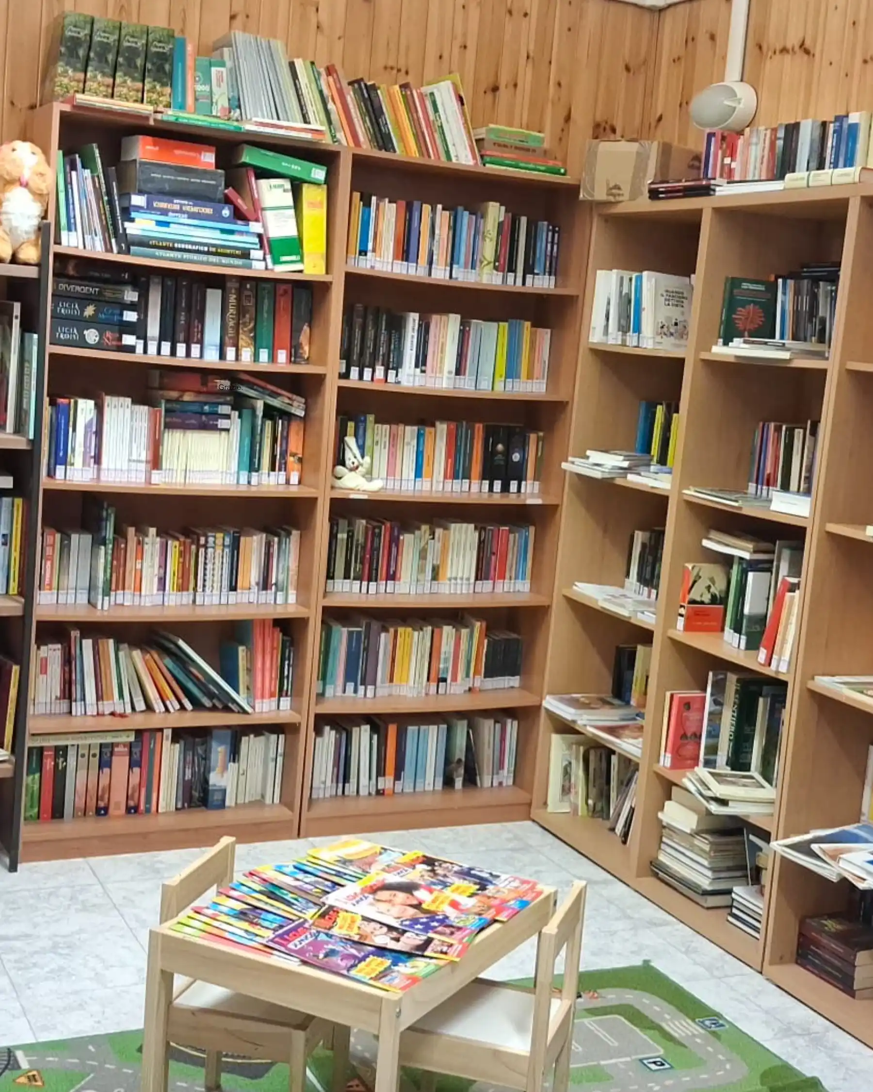 Gli scaffali e gli spazi interni della Biblioteca di Ronco Canavese